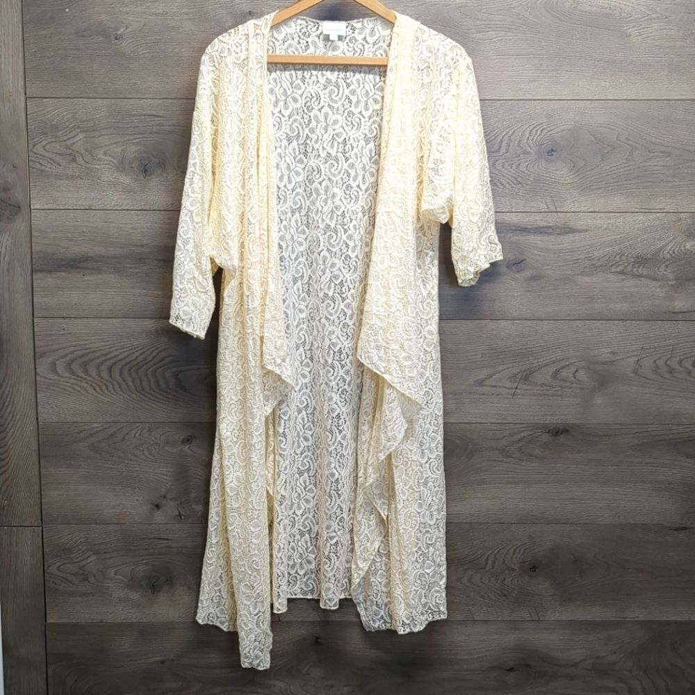 LuLaRoe Ivory Lace Short Sleeve Open Front Long Cardigan Size Large